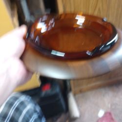 Lebanon Industries  Vintage Amber Glass On Walnut Ashtray 