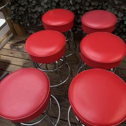 6 red Vinyl Bar Stools With Chrome Legs 