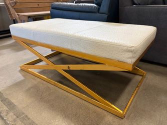 Hollywood Regency Style Beige Ostrich Leather Ottoman with Golden Base