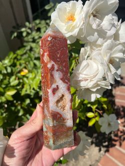 Rare red moss agate tower, medium sized