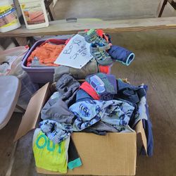 TWO HUGE BOXES OF BOYS SIZE 3 CLOTHES, COATS, TOPS, PANTS, PAJAMAS, SHOES AND MORE