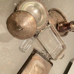 Vintage Silver-Plated Tea & Serving Set - Teapot, Tray, 3 Dishes (Glass + Covers), 3 Antique tea cup