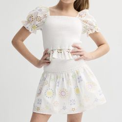 Trixxi Girls Eyelet Flowers Smock Top/Skirt, Embroidered 2 Piece Set, Size M/Medium/10, Pretty Pastel Colors, Easter Spring Summer Outfit *BRAND NEW*