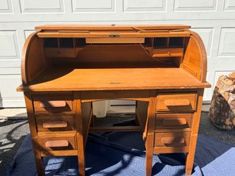 vintage oak roll-top / tambour writing desk