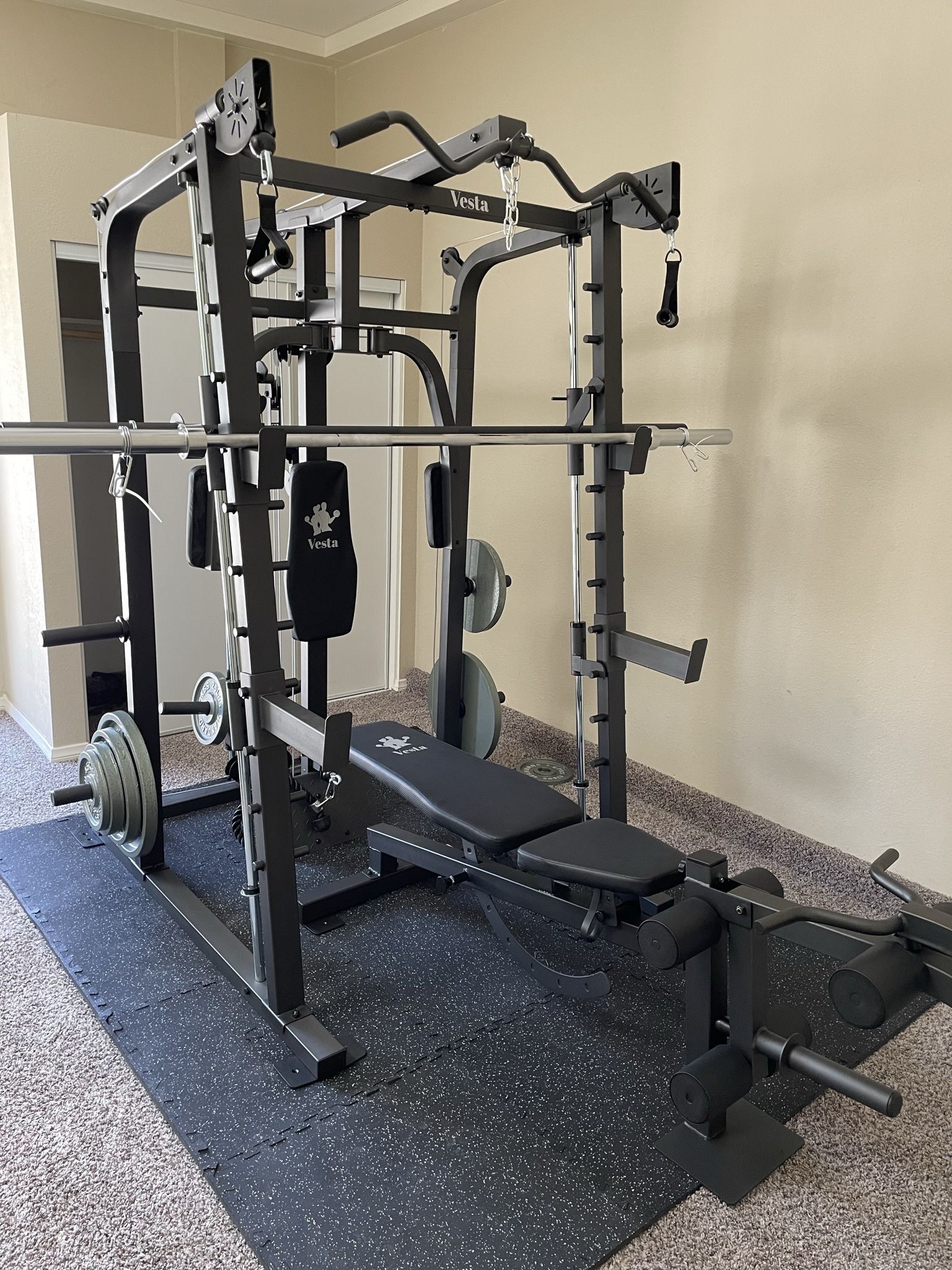 Vesta Fitness Smith Machine 2001 w/Bench Attachment | 230lb Bumpers Weights | 7ft Olympic Bar | Fitness | Gym Equipment | FREE DELIVERY 🚚