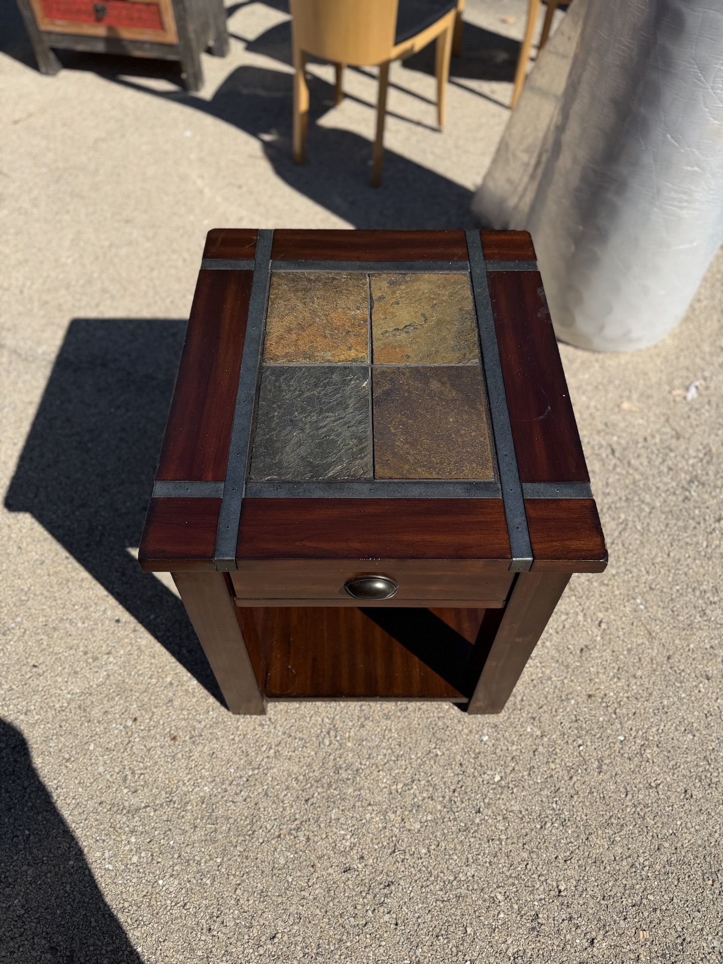 Wood & Slate Tile Side Table with Drawer – Excellent Condition