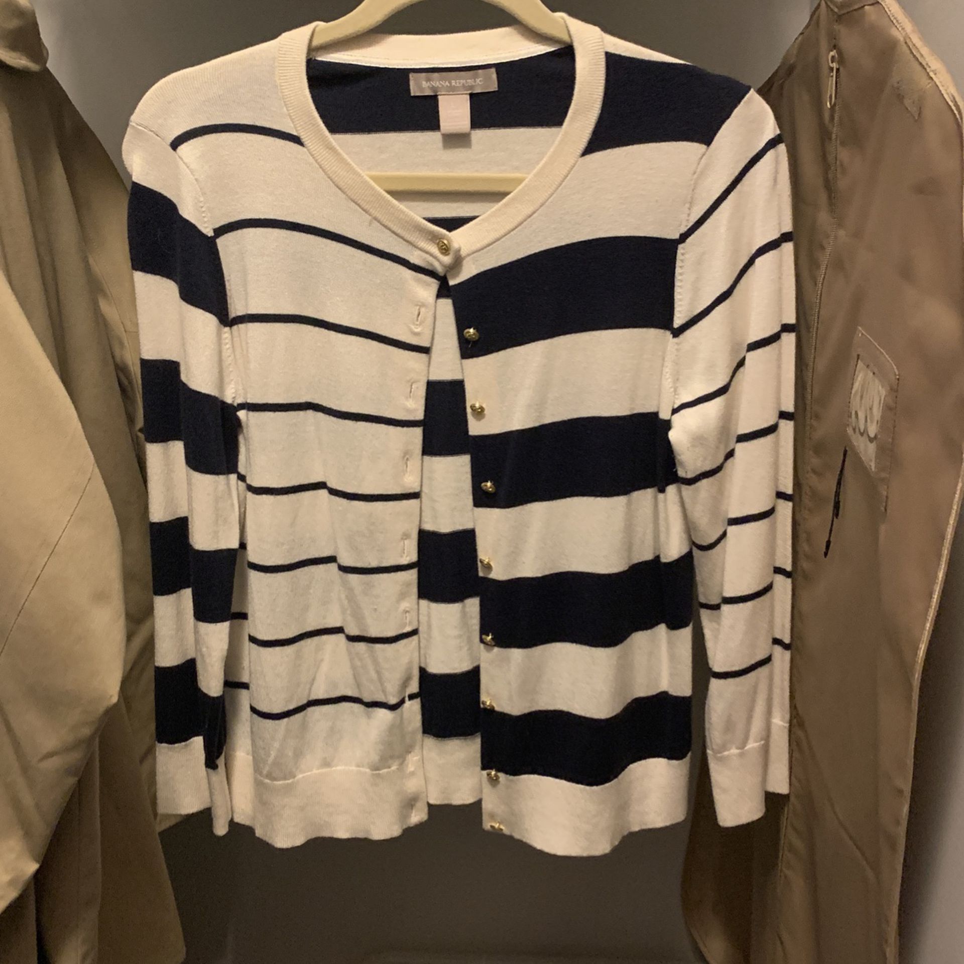 Banana Republic Navy and White Striped Cardigan with gold anchor buttons