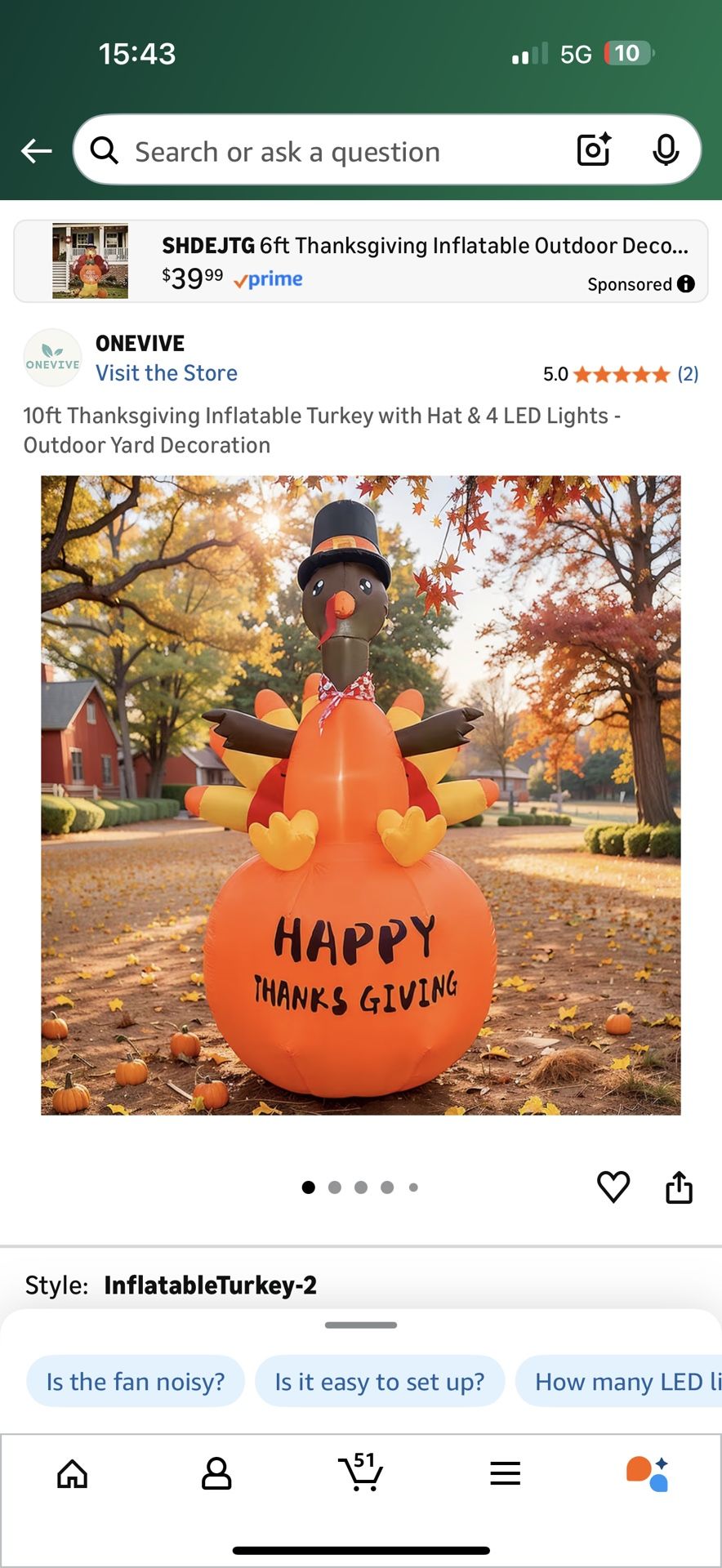 10ft Thanksgiving Inflatable Turkey with Hat & 4 LED Lights - Outdoor Yard Decoration