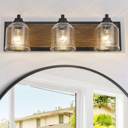 23" Large Farmhouse Bathroom Vanity Light,Handmade Dark Wood Vanity Light with Bubble Glass Shades,3-Light Rustic Wall Sconce Lighting Fixtures Over