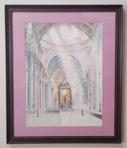 St. Peter's Basilica Rome Vintage Watercolor Painting Signed H. Lee 31x37 Framed