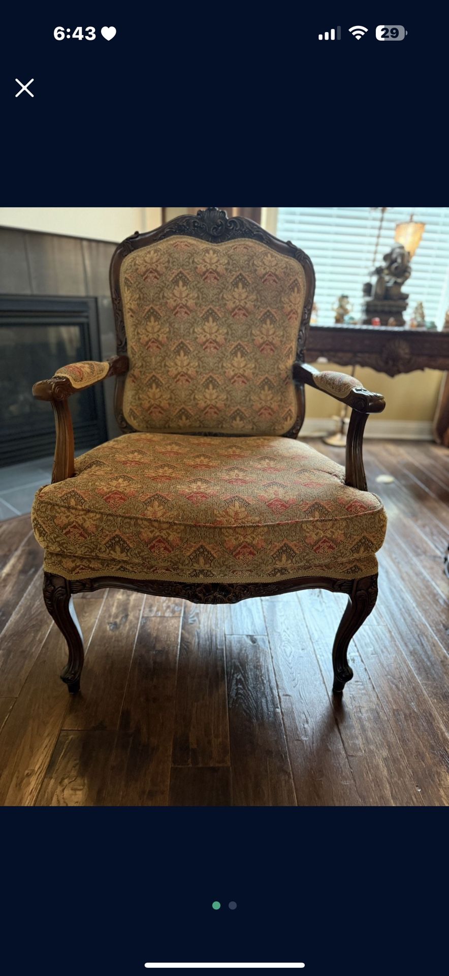 LAST CHANCE MOVING THIS SUNDAY Elegant vintage armchair with ornate wood detailing