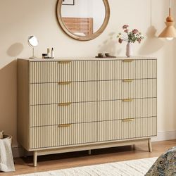 Fluted 8 Drawers Dresser, 55.1" Wide Modern Chest of Drawers with Wood Foot, Dresser TV Stand Up to 65 Inch TV, Wood Drawer Organizer for Bedroom, Liv
