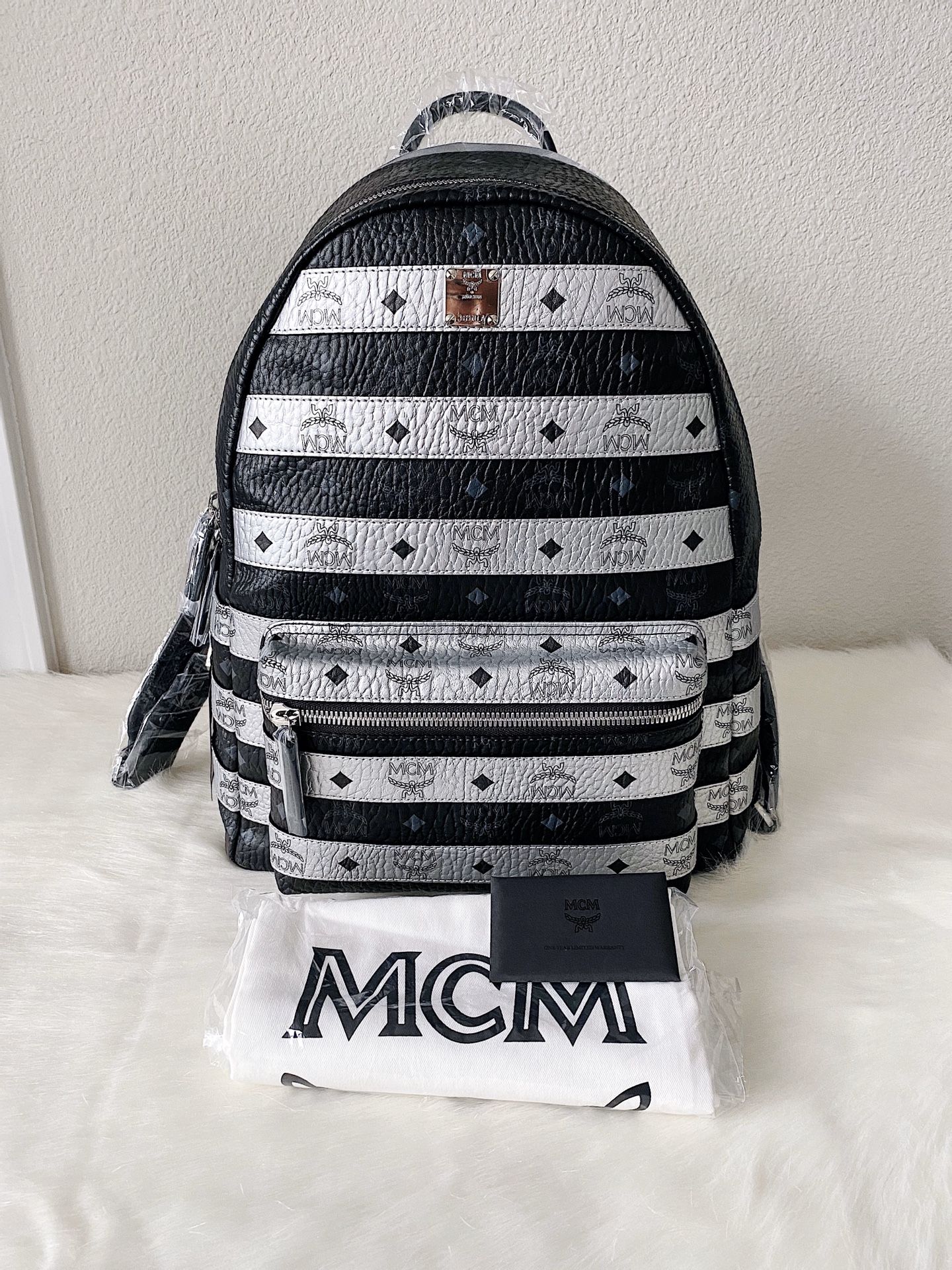 ✨New MCM Visetos Spot Stripe Medium Backpack Unisex Black Silver NWT