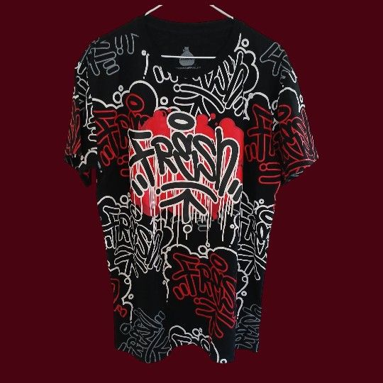 Fresh Spellout Graphic All Over Print Black Mens Large T-Shirt