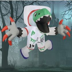 DR.DUDU 6 FT Long Halloween Inflatable Hanging Zombie Astronaut Dinosaur, Blow Up Yard Decoration Dinosaur in Space Suit with LED Lights