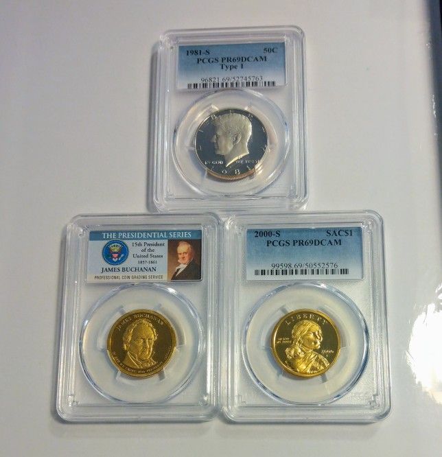 3- VERY NICE CERTIFIED $1 AND 1/2 DOLLAR COINS TO COLLECT