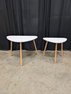 Pair of Modern White Top End Tables with Natural Wood Legs