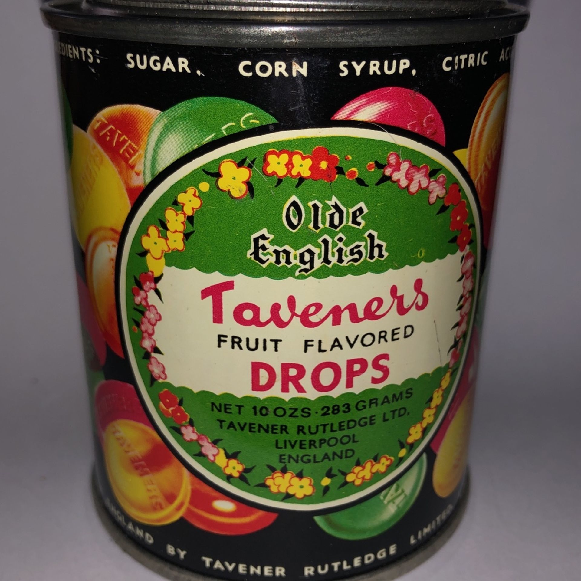 Vintage Taveners Fruit Drops Tin Colorful Candy Liverpool England