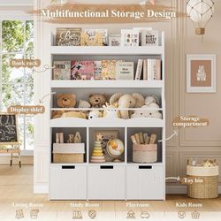 B712 $100 55.3" H Kids Bookshelf with Toy Storage Organizer, Tall Book Shelf with 3 Movable Toy Storage Bins, Large Kids Bookcase with Toy Chest, 39.