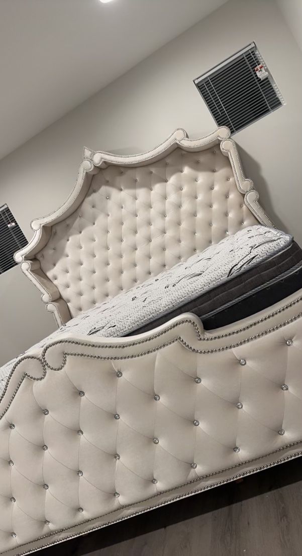 Queen Bed Frame With A Majestic Design Ivory Velvet Crystal Tufted Nailhead Trim Accent 79” Tall Box Spring Required Brand New In Box Firm Price $899