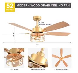 Alcarras 52 in Indoor French Gold Modern Industrial Ceiling Fan with Lights, 6-Speed Reversible Ceiling Fan with Remote