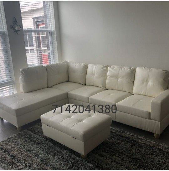 White Leather Sectional Sofa With Storage Ottoman 104x75 "