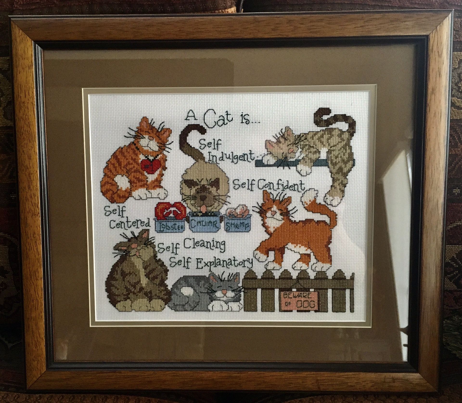 Cats cross stitch custom frame picture. 18,5 x 16,5 inches.