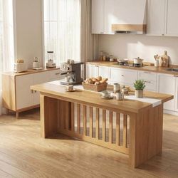 Light Oak Dining Table w/ Marble Inlay 