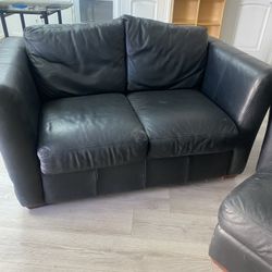Two Piece Leather Set Loveseat With Large Chair with Ottoman 