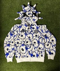 Skull Print Full-Zip Hoodie with Spike Hood