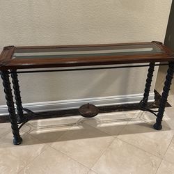 Brown Sofa/Console Table with Glass Top and Iron Legs