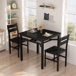 3 Piece Dining Table Set for 2, Small Wooden Kitchen Table with Storage, Farmhouse Square Dinette Set for Dining Room, Breakfast Nook, Apartment, Smal