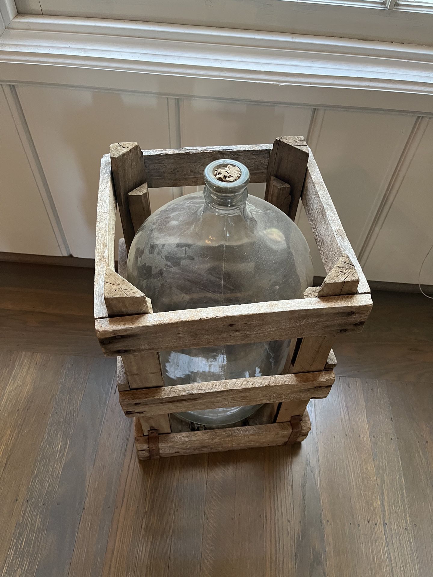 ANTIQUE GLASS WATER JUG BOTTLE 5 GALLON  IN WOODEN CRATE