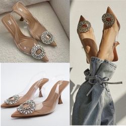 Zara transparent rhinestones pointed toe slingback formal high heels Size 39/8US