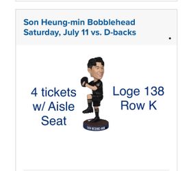 Dodgers v Dbacks Saturday 7/11 - 4 Loge Seats with Aisle