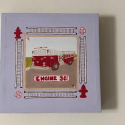 Kids FiretruckEngine 36 Wall Hanging  16"x 16" Boys Room Decor 