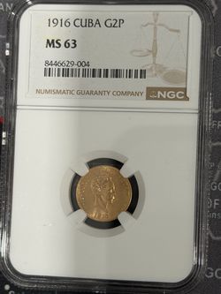 Cuba coin,monedas,1916 2 pesos oro ,MS62 NGC