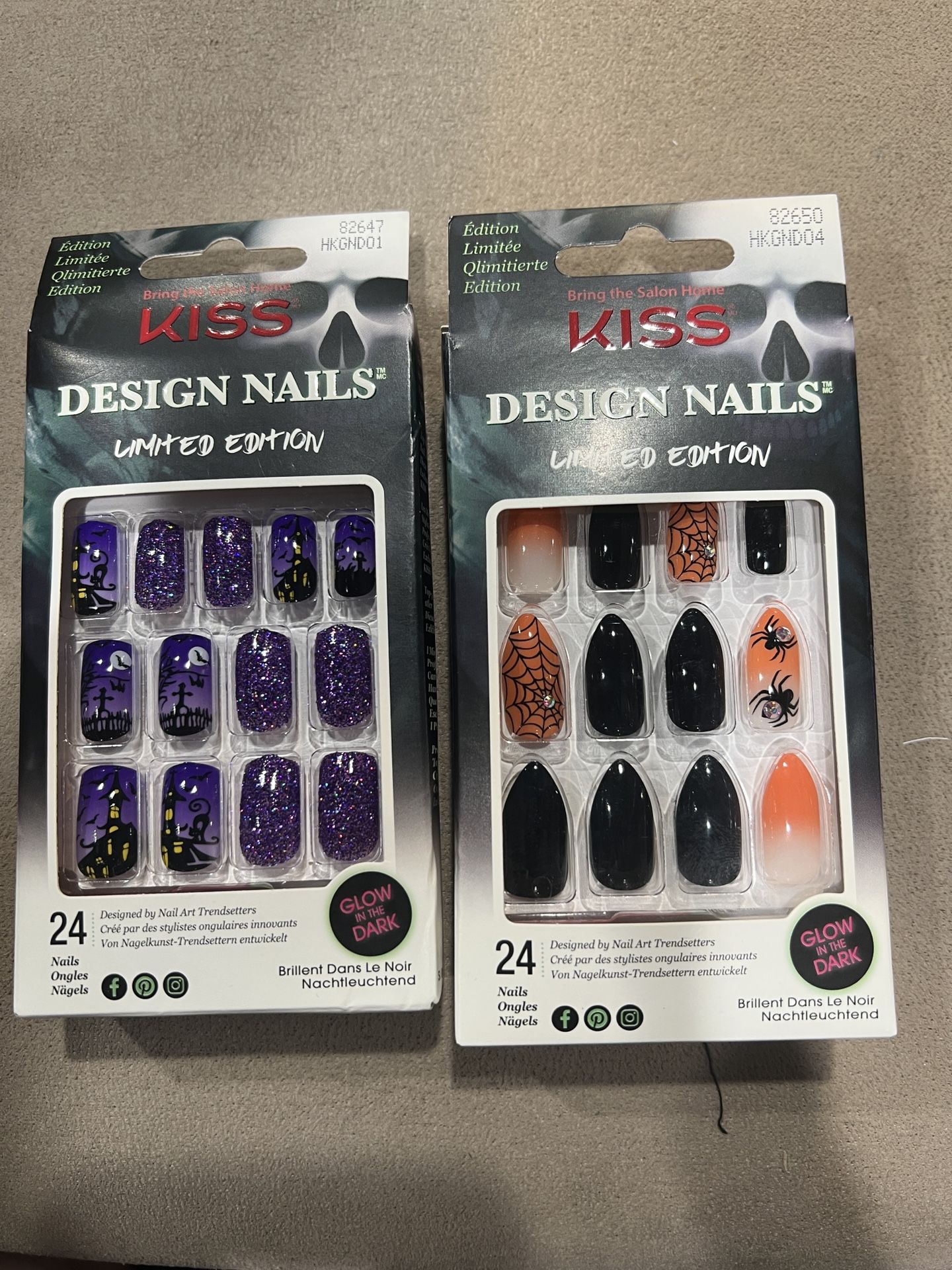 2 Kiss Nails Halloween Glue Press Manicure Long Almond Black Orange Spider NEW