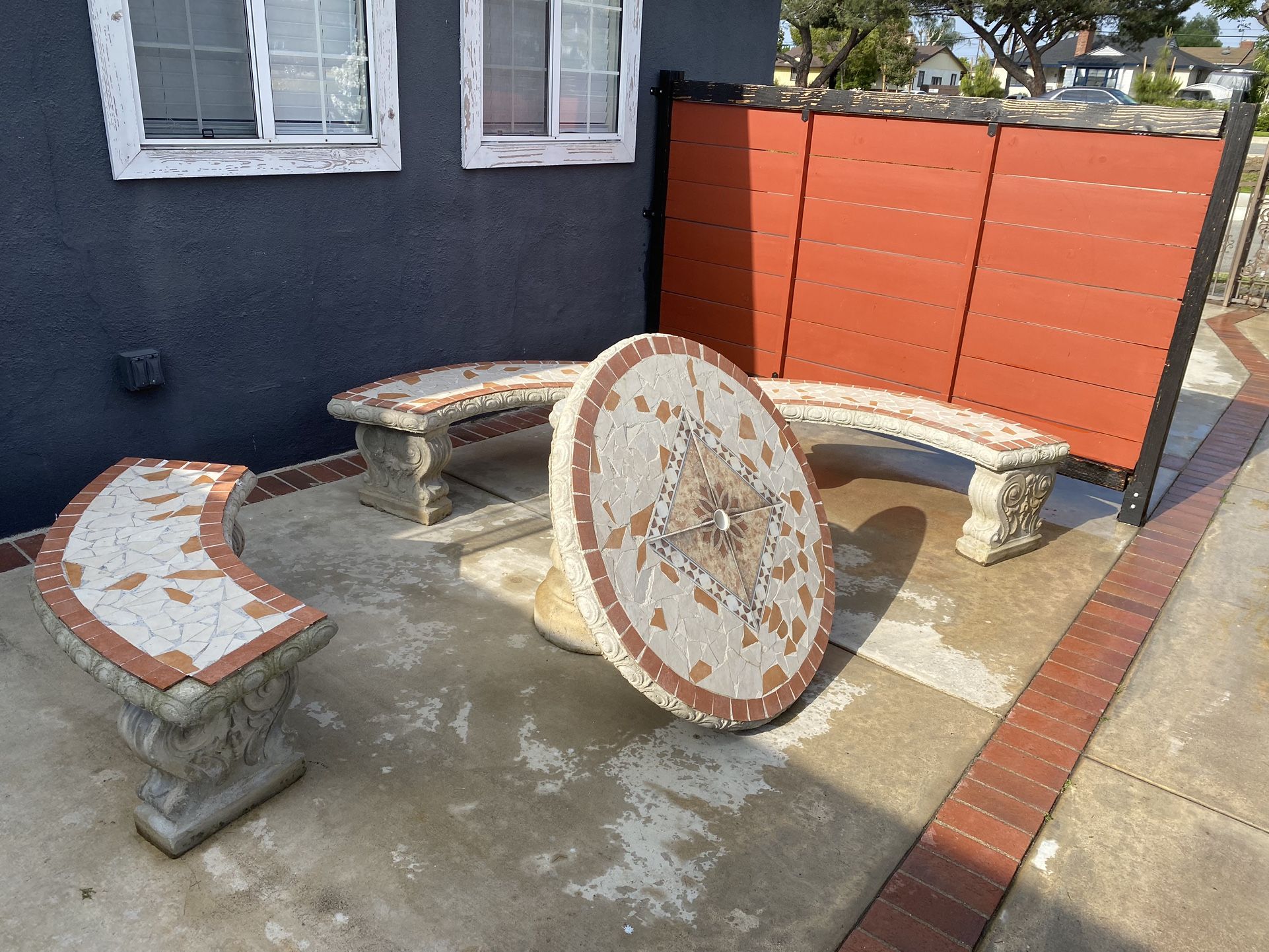 Concrete/mosaic Outdoor Table And Benches
