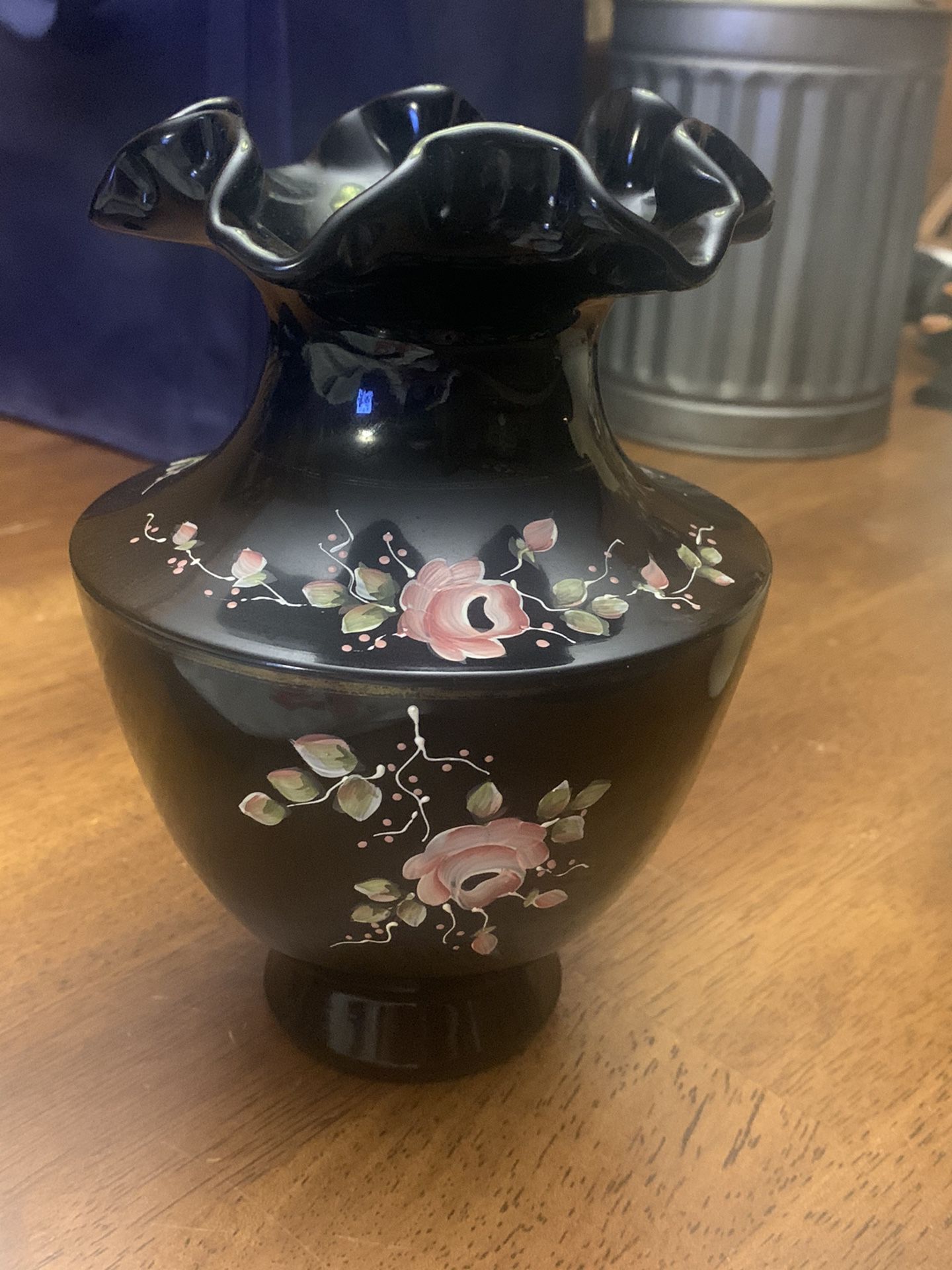 Vintage Black Hand Painted Fenton Vase