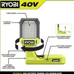 New RYOBI 40V Battery Topper LED Work Light