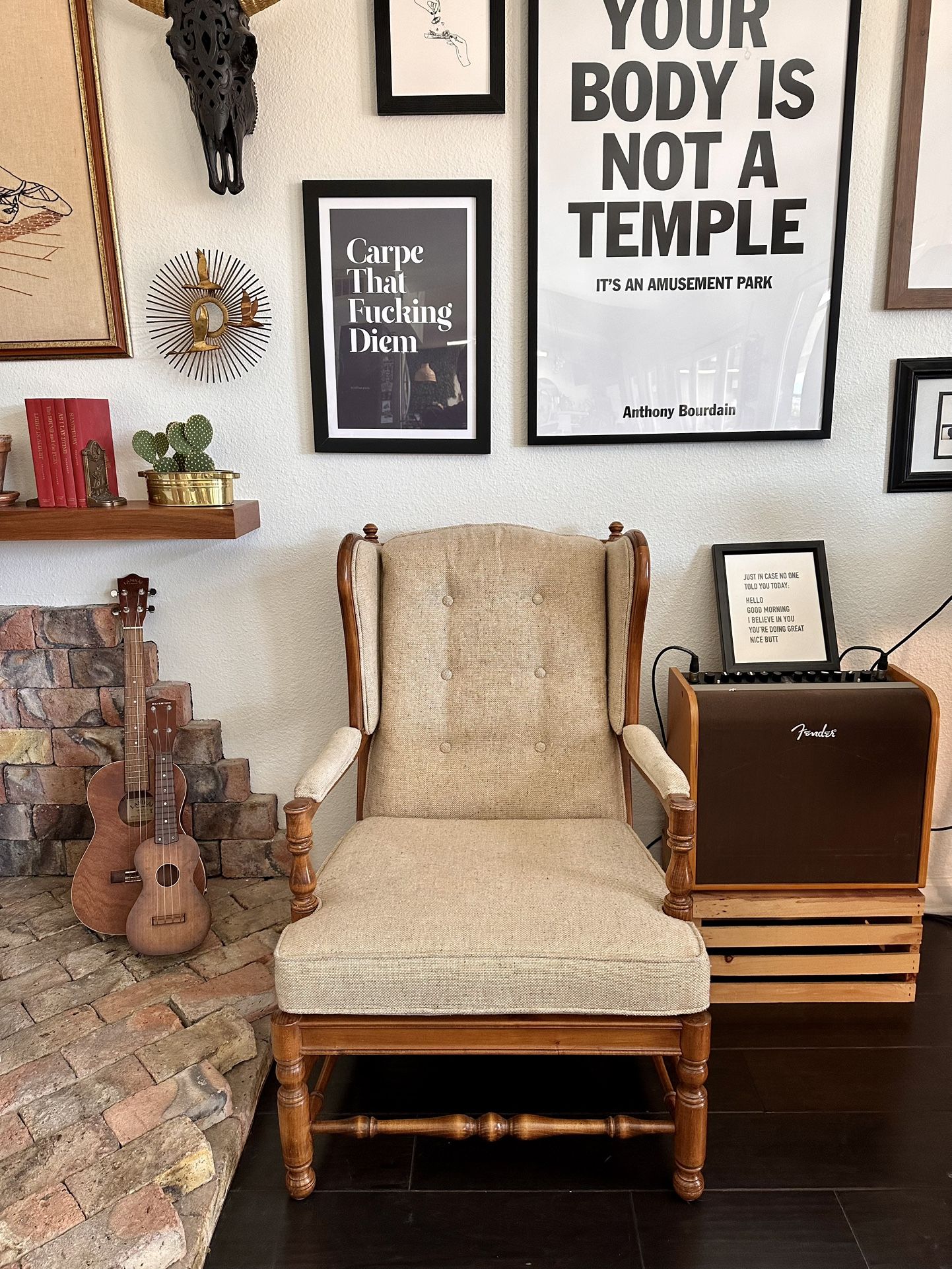 Vintage Ethan Allen tufted french regency beige tweed wingback accent chair
