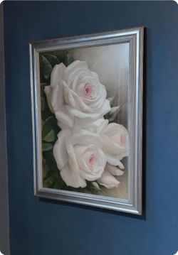 Painting of white roses.... framed in a silver mount...This painting is called "Everlasting" Signed by Igor Levashov