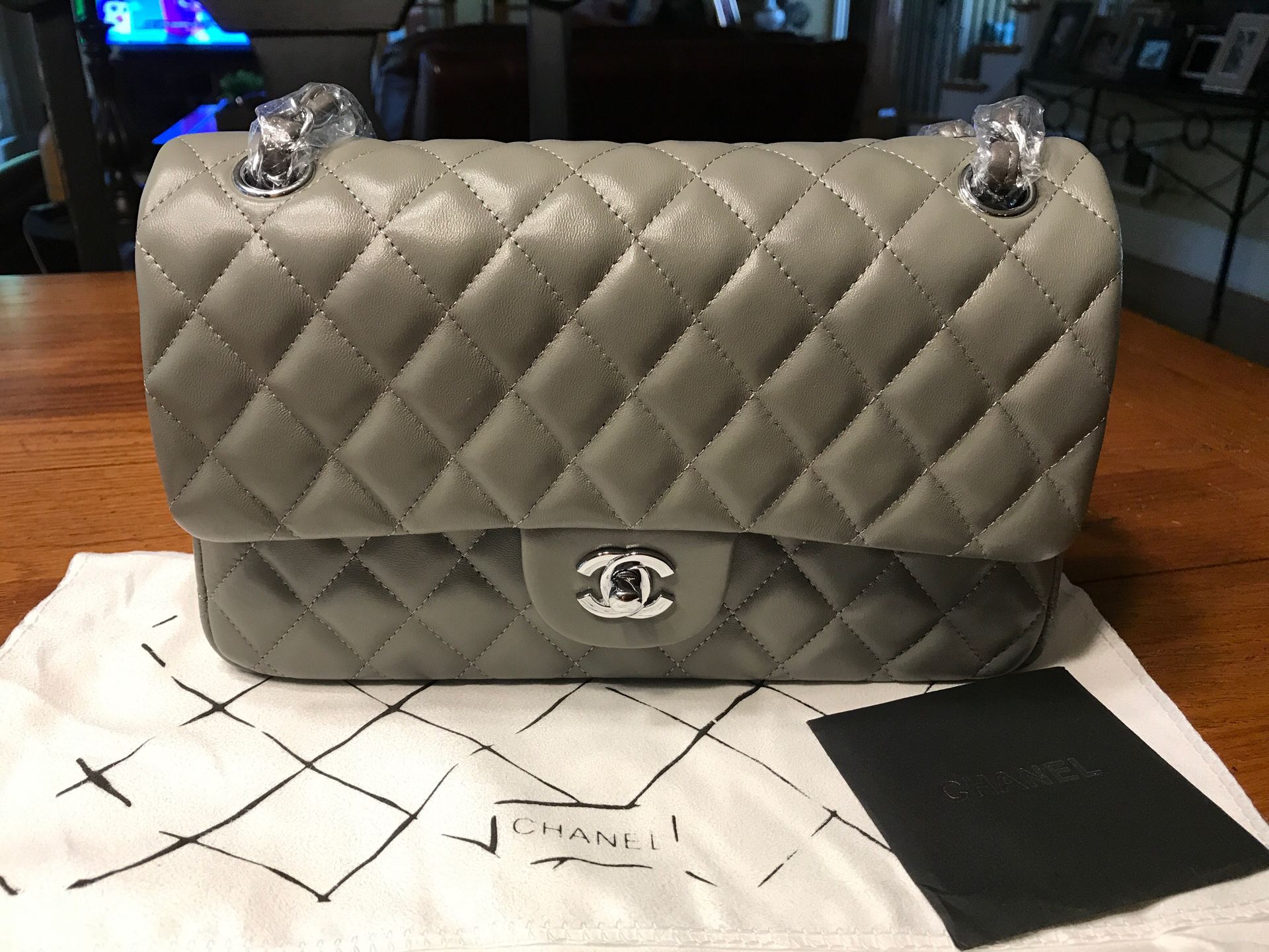 Chanel Leather Double Flap light Grey Bag