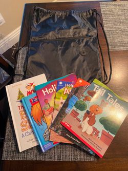 Lot of 6 kids books and backpack