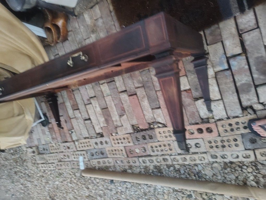 Old Mahogany And Marble Coffee Table On Wheels