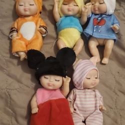 5 Mini Dolls Dressed In Animal Costumes.