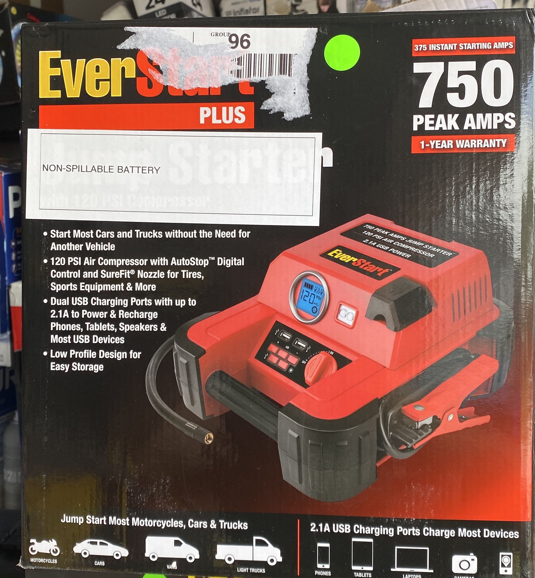 The EverStart 750 Peak Amp Jump Starter with Compressor features 375