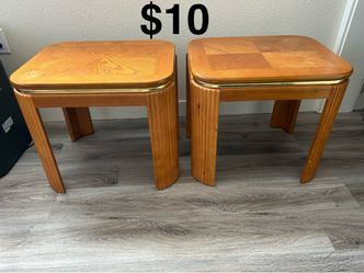 Pair of Oak Wood End Tables with Brass Trim