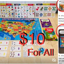$10 For All Educational Bundle Melissa & Doug USA Floor Map Puzzle,Melissa & D trace Mats,Books etc